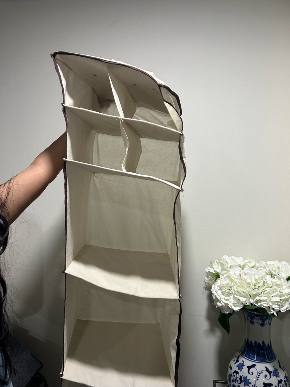 Beige Fabric Hanging Closet Organizer - Neutral Storage Solution